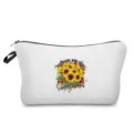 Detailansicht der weißen Kosmetiktasche mit Sonnenblumenmuster, Reißverschluss und Seitengriff. - Sonnenblume Englisch Slogan Stil (hz5073)