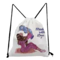 Detail view of white drawstring backpack featuring cute mother daughter print and love text. - Full of Love Heart Shape Style (sk3032)