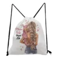 Detailed view of the cute mother illustration drawstring bag, featuring soft fabric and black cords. - Blessed Life Mother and Son Style (sk3034)
