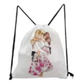 Close-up detail of the white drawstring backpack featuring a sweet mother-daughter art print. - Mother and Daughter Warm Hug (sk3035)