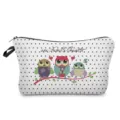 Cute owl family print cosmetic bag detail, white polka dot pattern makeup pouch with zipper. - Polka Dot Owl Family Print (hzCB104) / White