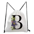 White canvas drawstring backpack with floral letter B print, casual daily school cinch bag. - Merry Christmas Letter Style B