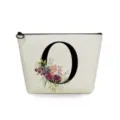 Canvas floral makeup bag with letter O print, stylish toiletry pouch for daily use. - Letter O Style