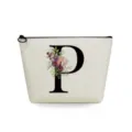 Canvas cosmetic makeup bag with floral letter P design, portable travel toiletry storage pouch. - Letter P Style
