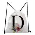 White drawstring backpack with large letter D and watercolor floral print for daily use. - Letter D Style