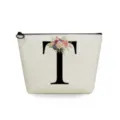 Linen cosmetic bag featuring a floral letter T print with secure black zipper closure. - Letter T Style
