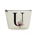 Canvas cosmetic bag detail featuring elegant large letter U print with beautiful watercolor floral design. - Letter U Style