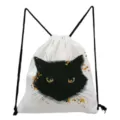 Mochila de cordón con estampado de gato, linda bolsa escolar de lona negra para estudiantes. - Estilo de Gato Negro de Tinta (sk2753)