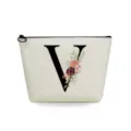 Canvas cosmetic makeup pouch with floral letter V print, stylish daily toiletry storage bag. - Letter V Style