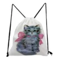 Sac a dos cordon chat gris mignon, sac d'ecole en toile decontracté pour ados et etudiants. - Style Chat Gris Poil Long Nœud Rose (sk2757)