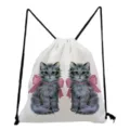 Mignon sac à dos à cordon imprimé chat pour étudiants, sac de rangement quotidien d'école en toile - Style Deux Chats Nœud Rose (sk2761)