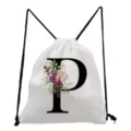 Floral letter P drawstring backpack detail, white fabric material, black rope straps. - Letter P Style
