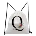 Minimalist white drawstring backpack with stylish letter Q and floral print design. - Letter Q Style