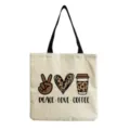 Reusable canvas tote bag with stylish peace love coffee leopard print casual beach shoulder bag - Peace Love Coffee Print(hm3346)