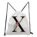 White canvas drawstring backpack with floral letter X print, simple casual sports gym bag. - Letter X Style