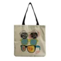 Cotton linen shopping tote bag with stylish sunglasses print and black handles for daily use. - Colorful Sunglasses Pop Style (hm0170)