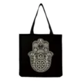Black canvas tote bag with white hamsa mandala pattern, casual shoulder bag for daily use. - White Mandala Hamsa Hand (hm3516)