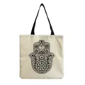 Close-up detail view of the linen canvas tote bag featuring an intricate Hamsa hand mandala print. - Linen Mandala Hamsa Hand (hm3517)