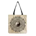 Mandala Yin Yang print linen canvas tote bag, casual daily shoulder handbag for women. - Mandala Tai Chi Print (hm3518)