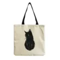 Close-up detail view of beige canvas tote bag showcasing cute black cat print and sturdy strap. - Ink Black Cat Style (hm3547)