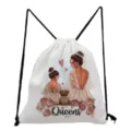 Detailed showcase of white canvas drawstring backpack featuring a charming mother-daughter print. - Crown Mother and Daughter Illustration (sk3037)