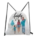 Detail view of the family print drawstring backpack, casual storage bag for daily use. - Warm Family Trip (sk3038)