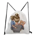 Cute mother and son print drawstring backpack, casual travel storage bag for daily use. - Mother and Son Teddy Bear (sk3040)