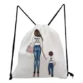White canvas drawstring backpack with cute mother and son illustration for casual travel use. - Elegant Queen Back View (sk3041)