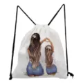 Detail view of white drawstring backpack featuring a cute mother and daughter print design. - Classic Mother and Daughter Back View (sk3043)