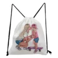 White canvas drawstring backpack featuring a cute mother and daughter print for casual daily use. - Mother and Daughter Skateboarding Print Style (sk3045)