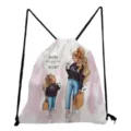 Fashionable mother daughter print drawstring backpack, casual travel storage bag for daily use. - Pink Watercolor Mother and Daughter Print Style (sk3046)