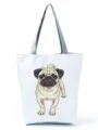 White canvas tote bag featuring a cute pug print, comfortable gray shoulder straps for women. - Cute Pug Dog Cartoon Print Style (hl4442)