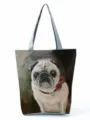 Women casual canvas tote bag cute pug print shoulder handbag for daily shopping travel - Realistic Pug Dog Gray Handle Style (hl4444)