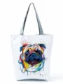Close-up detail of the colorful watercolor pug printed canvas tote bag for casual daily use. - White Ink Wash Pug Dog Style (hl4445)
