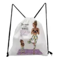 Detailed view of white drawstring backpack featuring cute mother and daughter yoga illustration print. - Mother and Daughter Yoga Print Style (sk3050)