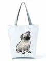 Detailed view of the cute pug print canvas tote bag, casual shoulder handbag with grey handles. - Casual White Cartoon Pug Style (hl4446)