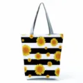 Sonnenblumen Druck Segeltuch Tragetasche Detail mit schwarz weissen Streifen und gelbem Muster. - Gestreifte Sonnenblume Stil (hl5180)