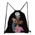 Detailed view of the black polka dot drawstring bag featuring cute mother and kids print. - Black Polka Dot Super MAMA Style (sk3014)