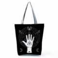 Black canvas tote bag detail showcasing occult all-seeing eye and geometric print pattern. - Mystic Geometric Array (hl2705)