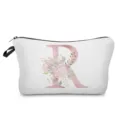 Pink floral letter R makeup bag, cute canvas cosmetic pouch for travel, portable toiletry storage bag. - Letter R