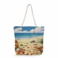 Borsa tote in tela con stampa di spiaggia e manici in corda bianca per vacanze estive. - Stampa Spiaggia (msk0700)