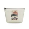 Close-up detail of the portable canvas cosmetic pouch featuring a boho landscape graphic print. - Sunset Mountain Print Style (sn3338)