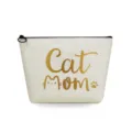Portable canvas cosmetic makeup bag detail view showing clear Cat mom gold print design and zipper. - Cat Mom Print Style (sn3339)