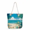 Borsa da mare in tela con stampa di paesaggio marino tropicale e manici in corda spessa per l'estate. - Stampa Paesaggio Spiaggia (msk0703)