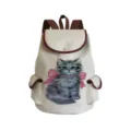 Cat print canvas backpack front detail, cute grey kitten with pink bow design, close-up. - Grey Longhair Cat and Pink Bow Style (sj2757)