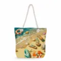 Dettaglio borsa shopper con stampa spiaggia, manico in corda spessa e grande borsa in lino. - Stampa Vacanze Estive (msk0706)