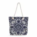 Blue and white porcelain pattern canvas tote bag detail, featuring durable rope handles and print. - Mediterranean Tile Pattern Style (ms3572)
