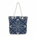 Blue and white floral canvas tote bag detail, durable fabric with strong rope handle. - Classic Retro Aesthetic Style (ms3575)