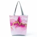 Detailed view of pink abstract marble tote bag with stylish gold fluid pattern and grey handles. - Pink Gold Abstract Fluid Style (hl8971)
