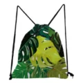 Tropical monstera leaf print drawstring bag detail, lightweight fabric storage pouch closeup. - Waterproof Tropical Green Leaf Style (sk4790)